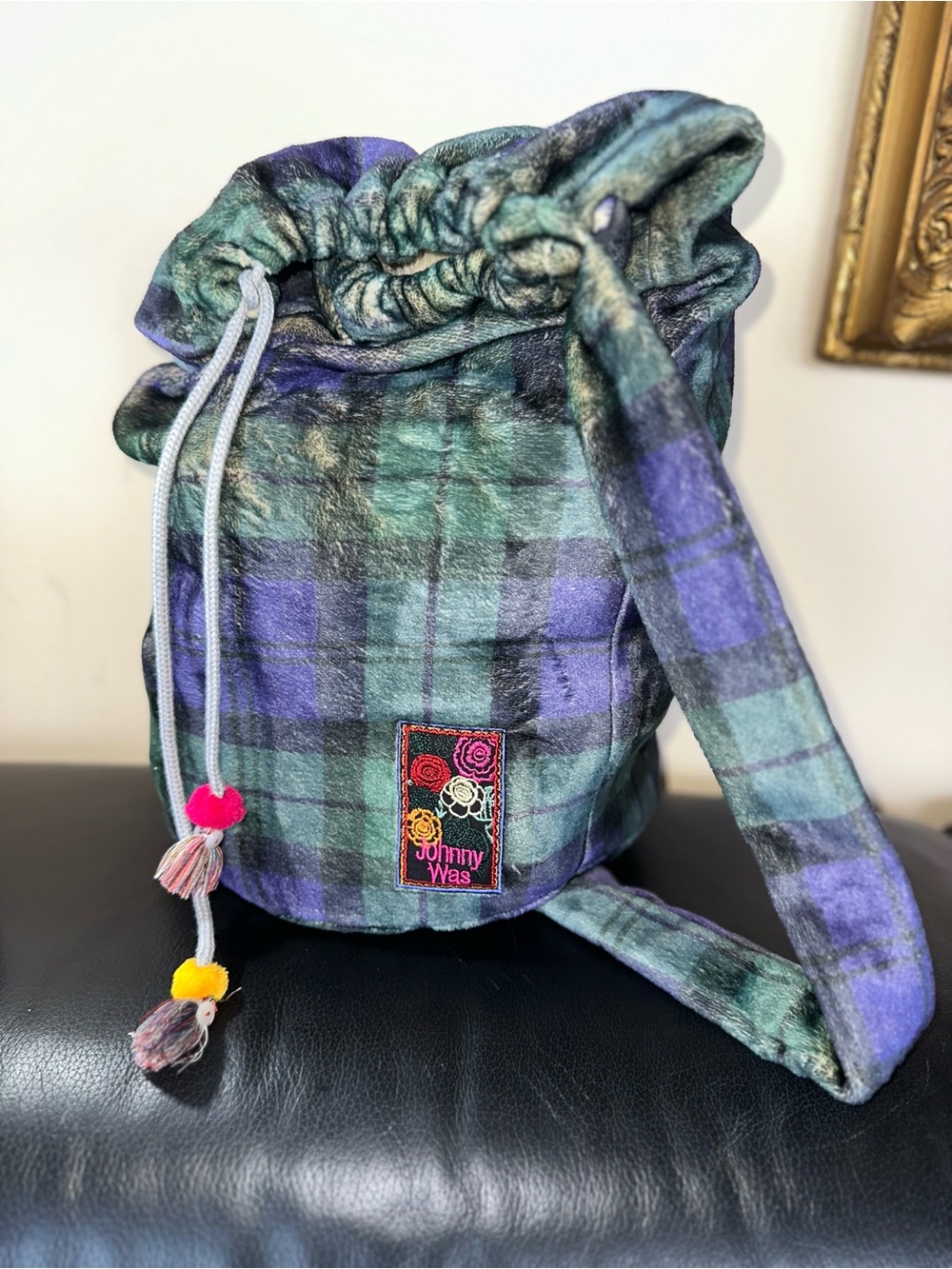 Johnny Was Plaid Velvet Large Drawstring Bucket Shoulder Bag | Boho Luxe - Picture 2 of 8